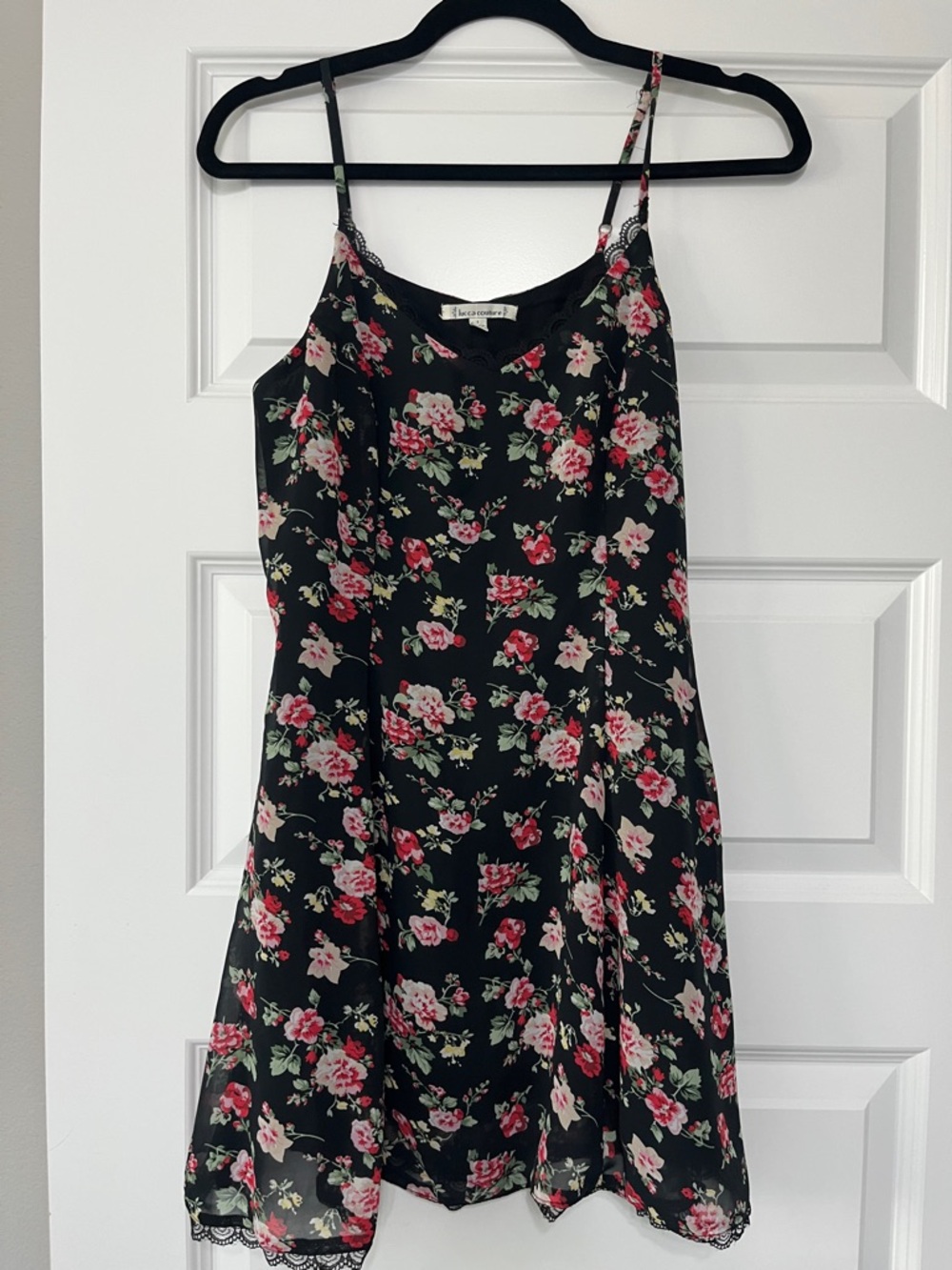Lucca Couture Black Floral Spaghetti-Strap Dress with Pink Roses